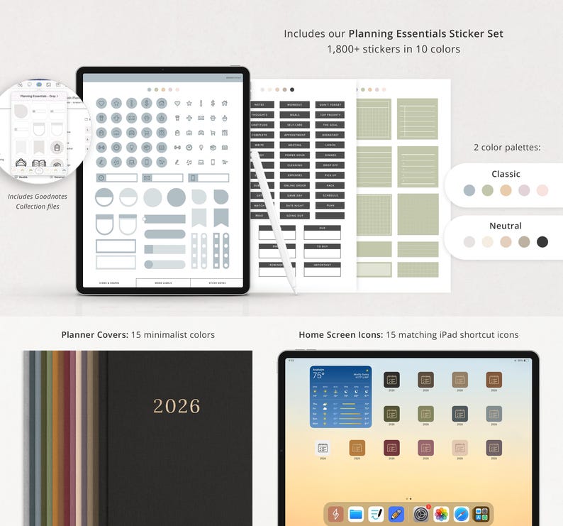 includes 1,800+ stickers, 15 planner covers, and iPad shortcut icons.