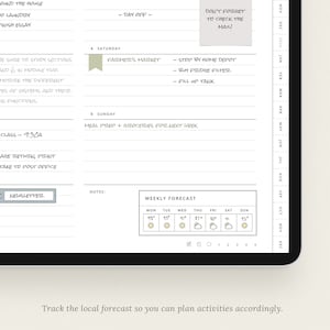 May include: A weekly planner page with a daily schedule for Friday, Saturday, and Sunday. The planner includes a section for notes, a weekly forecast, and a section for tracking the local forecast. The text on the page includes "Day Off", "Farmer's Market", "Stop by Home Depot", "Buy Fridge Filter", "Fill Up Tank", "Meal Prep + Groceries for Next Week", "Class - 9:30a", "Age Return, Print", "Take to Post Office", "Don't Forget to Check the Mail!" and "Weekly Forecast".