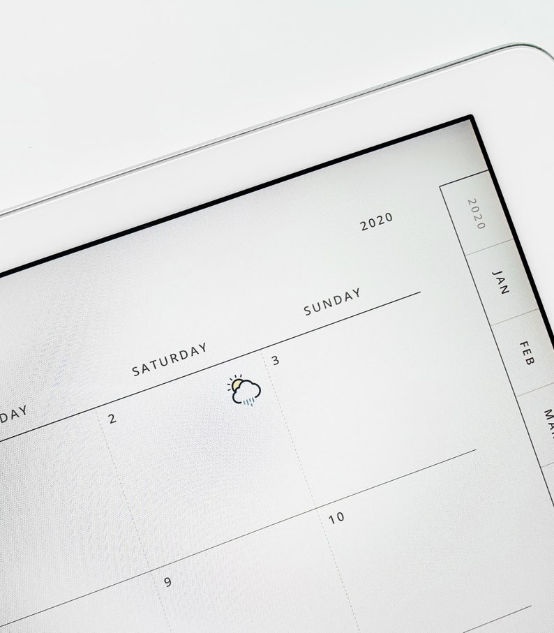 May include: A white digital calendar with the year 2020 printed at the top. The calendar shows the days of the week, Saturday and Sunday, with the numbers 2, 3, 9, and 10 printed on the calendar. A small icon of a sun behind a cloud with rain drops is drawn on the calendar next to the number 3.