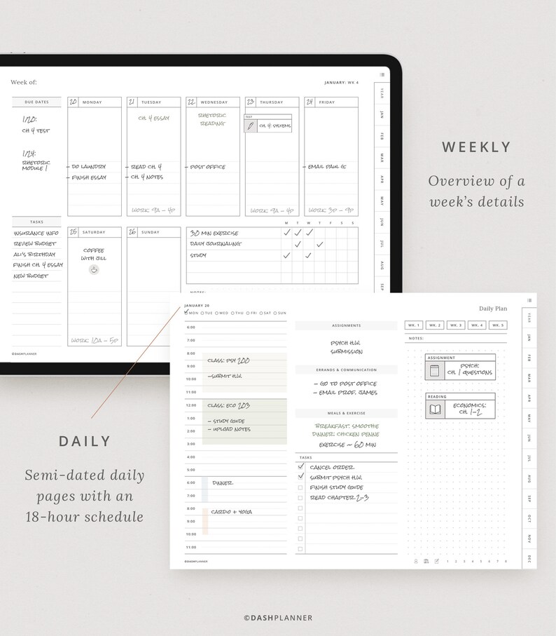 May include: A weekly planner with a daily plan page. The weekly planner has a grid layout with days of the week listed across the top and time slots down the side. The daily plan page has a similar layout with space for notes, assignments, reading, and meals. The planner is designed to help people organize their time and tasks.