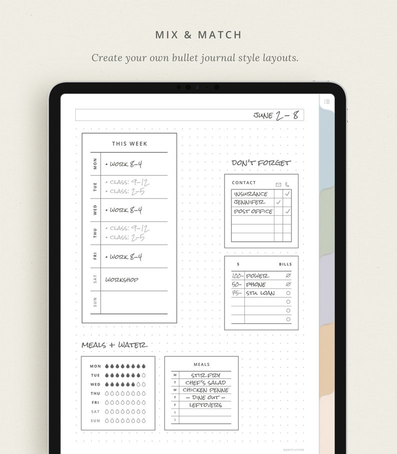 May include: A black and white bullet journal page with a weekly schedule, a to-do list, a meal planner, and a water tracker. The page is titled "June 2-8".