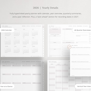 Fully hyperlinked yearly planner: calendar, overview, quarterly summaries, and reflections.