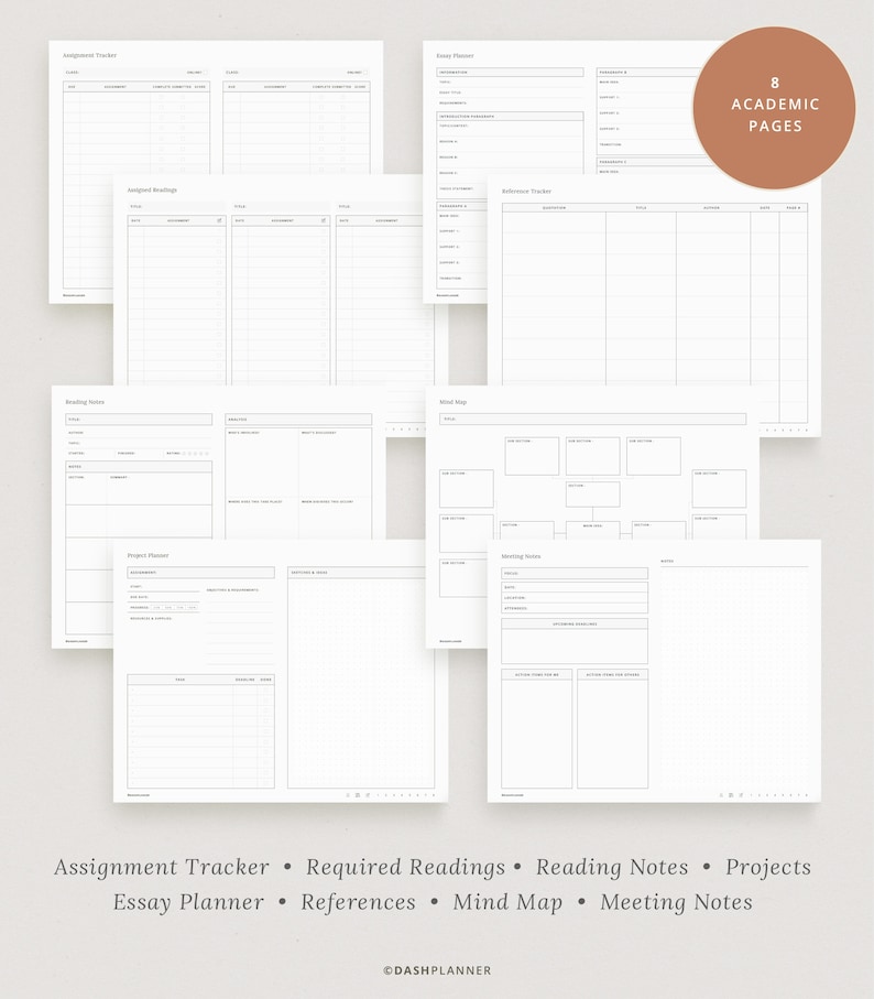 May include: A set of 8 printable academic planner pages. The pages include sections for assignment tracking, required readings, reading notes, project planning, essay planning, references, mind mapping, and meeting notes.