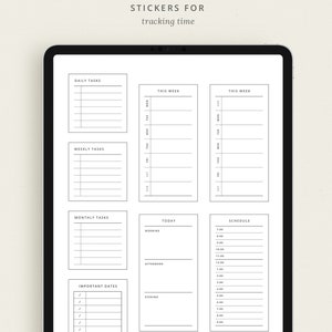 May include: A set of printable stickers for a planner or journal. The stickers are black and white and include sections for daily tasks, weekly tasks, monthly tasks, important dates, today, and a schedule.