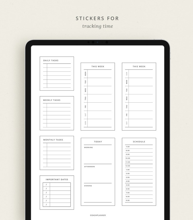 May include: A set of printable stickers for a planner or journal. The stickers are black and white and include sections for daily tasks, weekly tasks, monthly tasks, important dates, today, and a schedule.