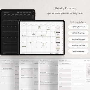 Organized monthly sections: calendar, overview, finances, trackers, and review.