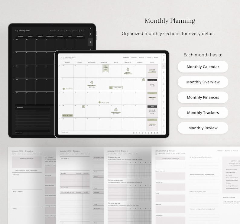 Organized monthly sections: calendar, overview, finances, trackers, and review.