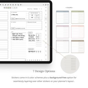 Pu&ograve; includere: Uno schermo di un planner digitale che mostra un layout di planner settimanale con una previsione del tempo, sezioni di attivit&agrave; e abitudini. Il planner ha un tema di giornata buia con uno sfondo grigio e testo nero. L'immagine mostra anche 7 diverse opzioni di colore per gli adesivi di tracciamento delle abitudini.