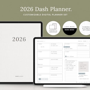 Peut inclure: Un ensemble de planificateur numérique pour 2026, comprenant une tablette et un carnet numérique. La tablette affiche une mise en page de planificateur hebdomadaire avec un stylet blanc. Le carnet affiche l'année 2026. Options: modes clair et sombre, et vues portrait et paysage.