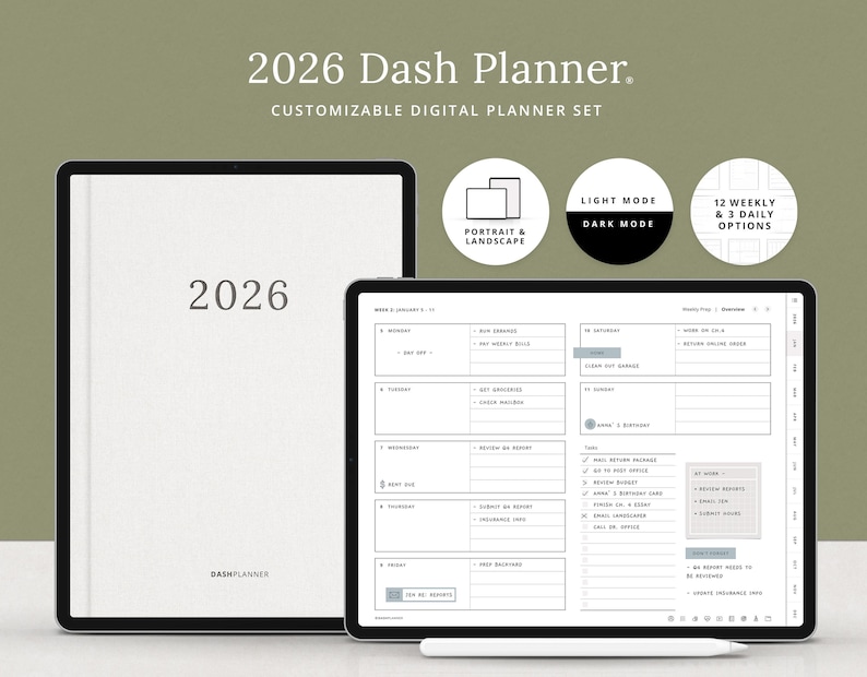 2026 Dash Planner® — customizable digital planner set for iPad. Includes portrait and landscape layouts, light and dark mode, 12 weekly and 3 daily options. Works with Goodnotes, Notability, and other PDF apps.