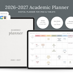 Op de afbeelding: Een digitale academische planner voor iPad en tablets, gedateerd van juli 2026 tot juni 2027. De planner heeft een strak ontwerp met opties voor donkere en lichte modus, en een maandag- of zondagstart. De tekst "Academic Planner" is prominent weergegeven.