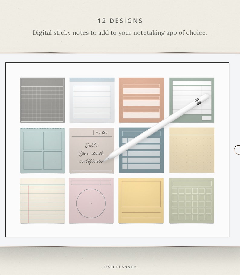May include: Twelve digital sticky note designs for note-taking apps. The designs include grid, lined, blank, and calendar styles in various colors, including gray, blue, beige, pink, yellow, and green.