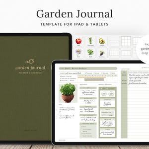 Pode incluir: Um modelo de planejador digital para iPad e tablets, com uma capa verde com o texto "garden journal planner & logbook". O modelo inclui uma grade de jardim, adesivos de culturas e uma página para acompanhar o crescimento das plantas.