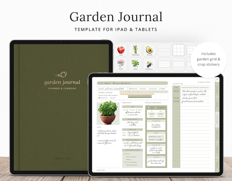 May include: A digital planner template for iPad and tablets, featuring a green cover with the text "garden journal planner & logbook". The template includes a garden grid, crop stickers, and a page for tracking plant growth.