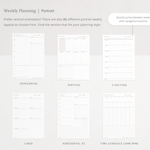 6 weekly layouts in portrait orientation with navigation buttons.
