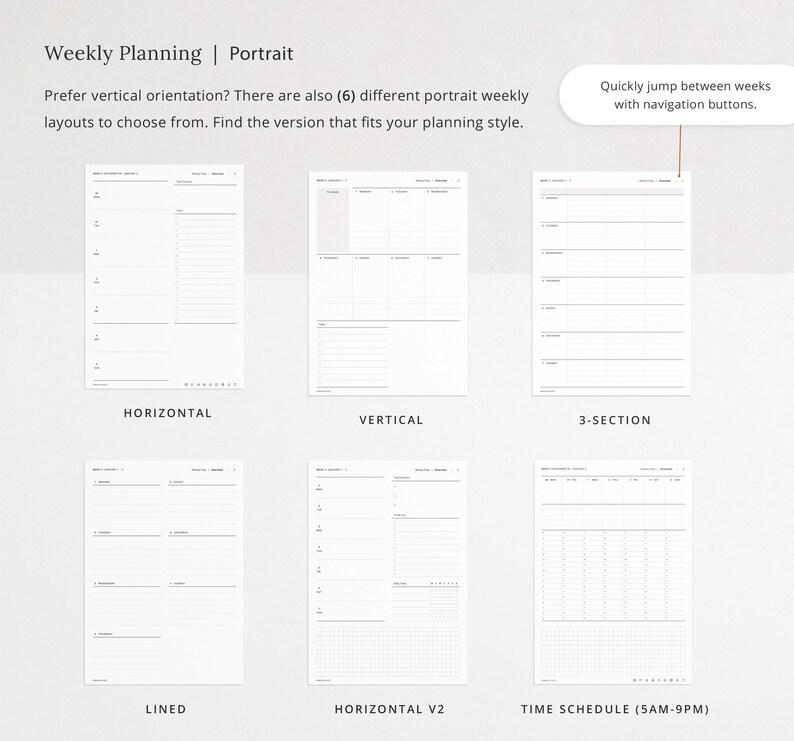 6 weekly layouts in portrait orientation with navigation buttons.