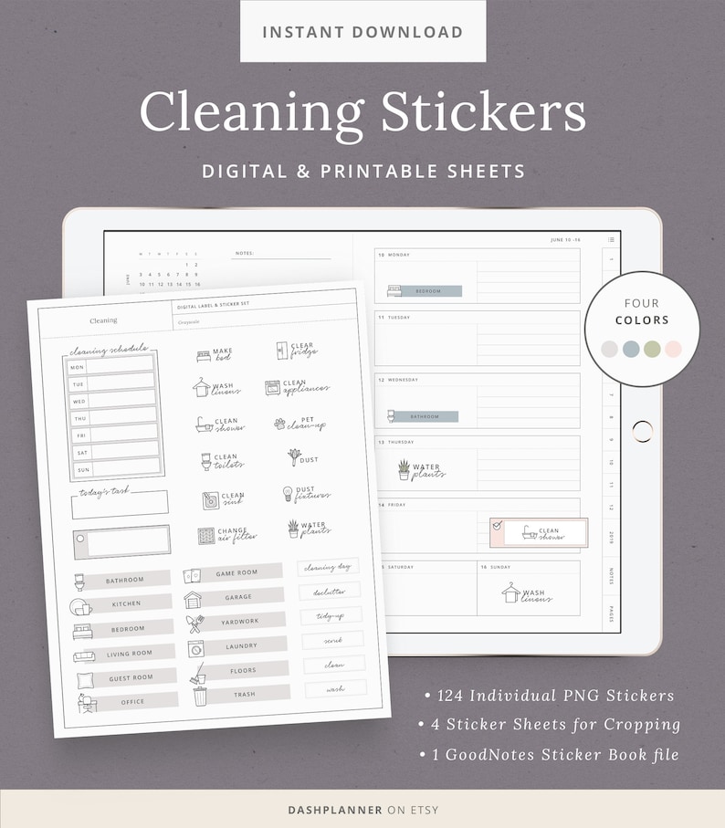 Cleaning Digital Stickers for GoodNotes - iPad Planner Stickers - Printable Cleaning Sticker Labels - iPad Tablet - Instant Download 