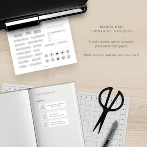 May include: Printable stickers for a social media planner. The stickers are gray and white with icons for new posts, website updates, sponsored posts, and more. The stickers are designed to be used in a planner or journal.