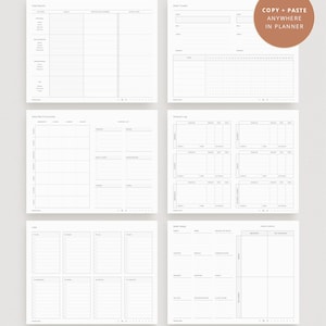 May include: Printable planner pages with sections for goal planning, meal planning, workout logging, brain dumping, and habit tracking. The pages are designed to be used in a planner and have a minimalist aesthetic.