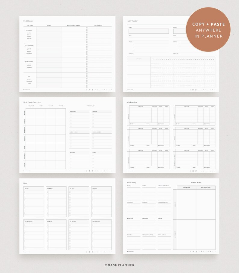May include: Printable planner pages with sections for goal planning, meal planning, workout logging, brain dumping, and habit tracking. The pages are designed to be used in a planner and have a minimalist aesthetic.
