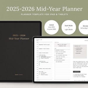 Puede incluir: Una plantilla de planificador digital para iPad y tabletas, que muestra una portada negra con el texto "2025-2026 Mid-Year Planner" y una vista previa de las páginas interiores del planificador con una lista de tareas, una lista de compras y un horario diario.