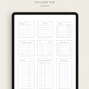 May include: A digital planner page with stickers for finances. The stickers include sections for savings, wish list, orders, bills, shopping list, expenses, and bills and subscriptions.