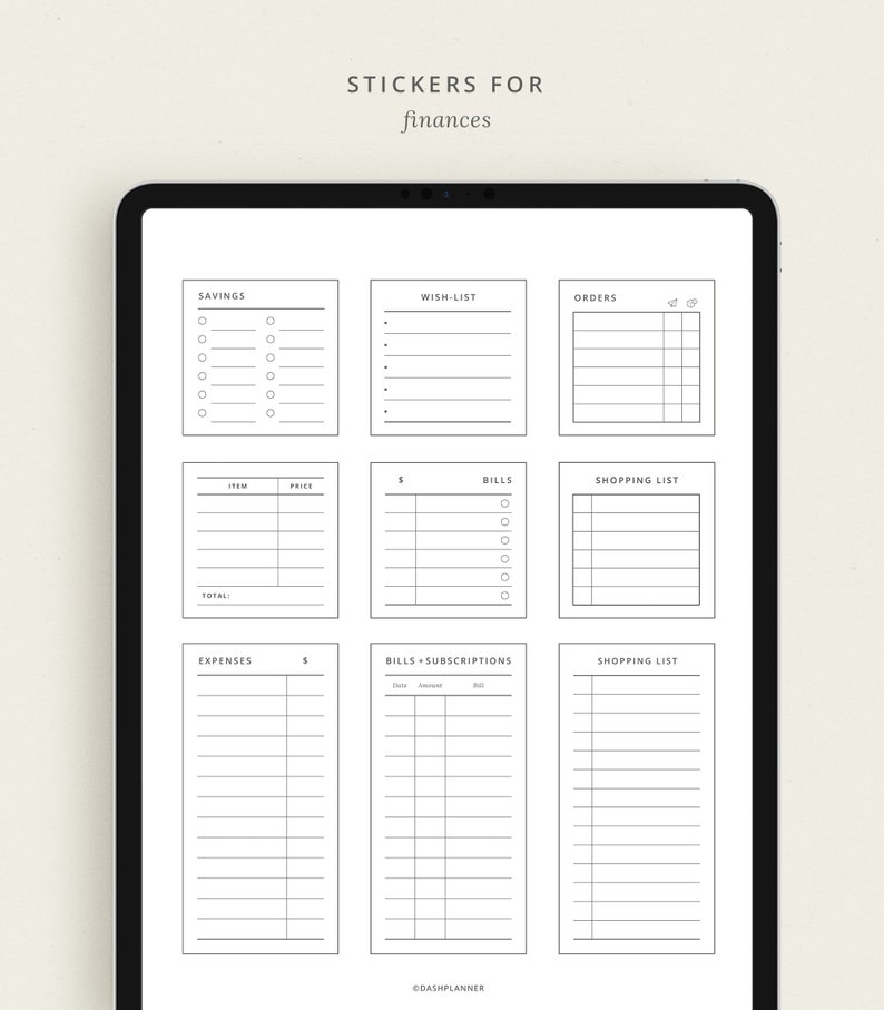 May include: A digital planner page with stickers for finances. The stickers include sections for savings, wish list, orders, bills, shopping list, expenses, and bills and subscriptions.