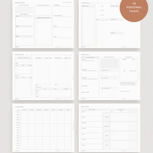 May include: A printable planner with 12 pages for personal organization. The pages include sections for quarterly overview, monthly expenses, weekly check-in, schedule planner, and routine planner.