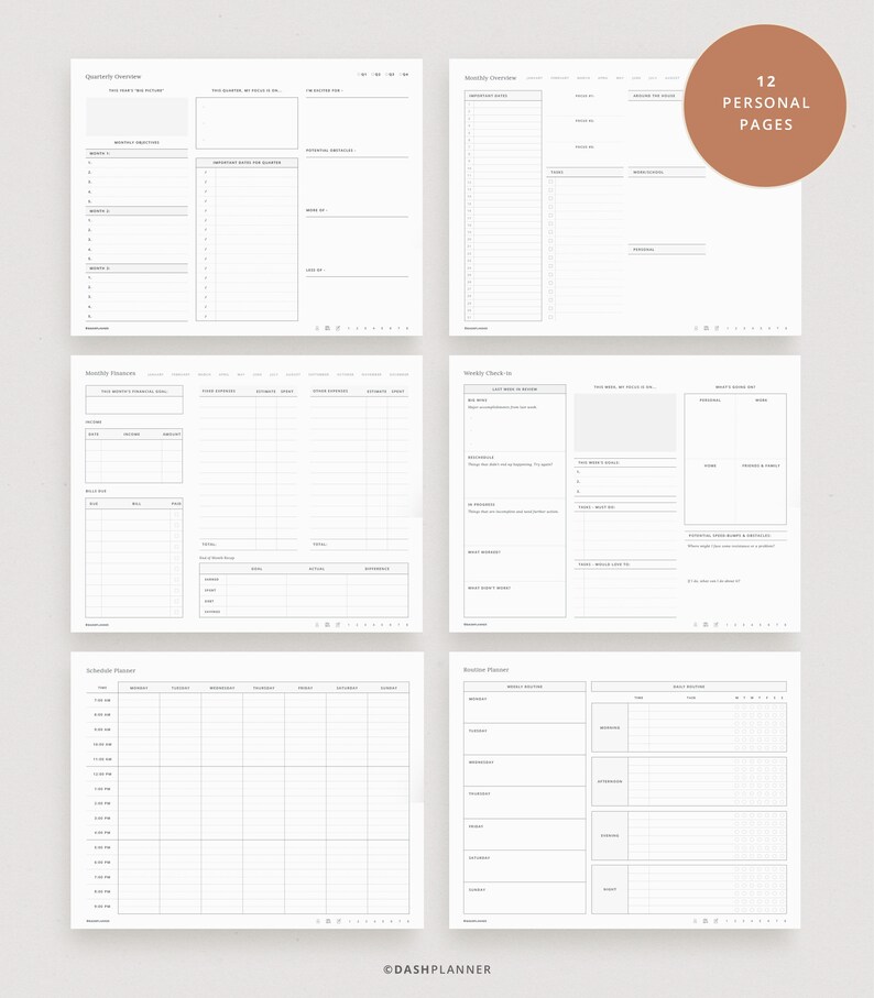 May include: A printable planner with 12 pages for personal organization. The pages include sections for quarterly overview, monthly expenses, weekly check-in, schedule planner, and routine planner.