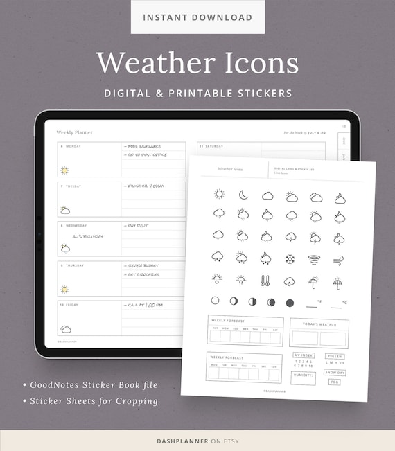 Weather Digital Stickers – Planner Icons, GoodNotes, Printable (PDF)