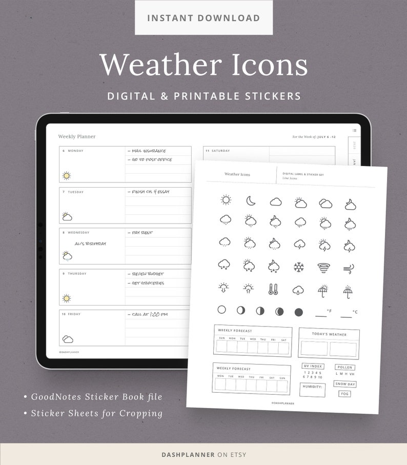May include: A digital printable sticker sheet with weather icons for use in a weekly planner. The icons include sun, moon, clouds, rain, snow, wind, and temperature. The sheet also includes a weekly forecast and today's weather sections.