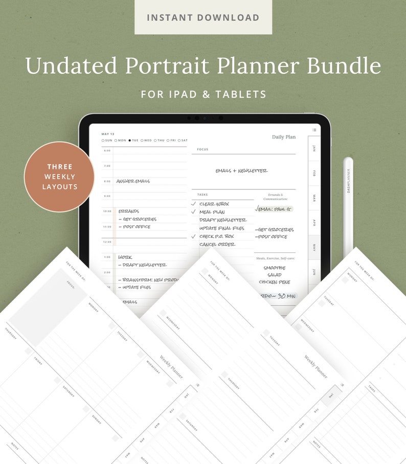 Undated Digital Planner Bundle - Portrait GoodNotes Template - Minimalist Daily iPad Planner - Journal with Digital Stickers - Dash Planner 