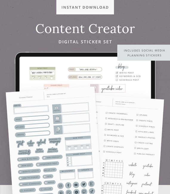 Content Creator Digital Stickers for Social Media Planning - GoodNotes file Digital Sticker Set - Social Icons, Blog Posts, YouTube Planner