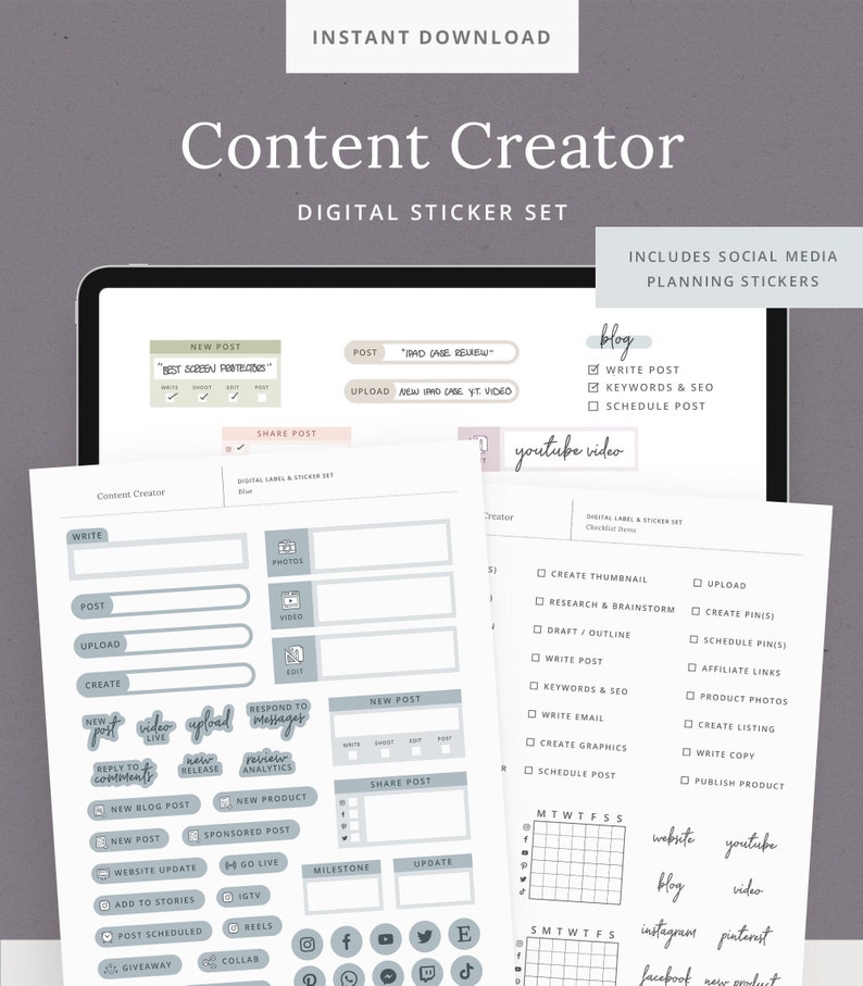 Content Creator Digital Stickers for Social Media Planning GoodNotes file Digital Sticker Set Social Icons, Blog Posts, YouTube Planner image 1