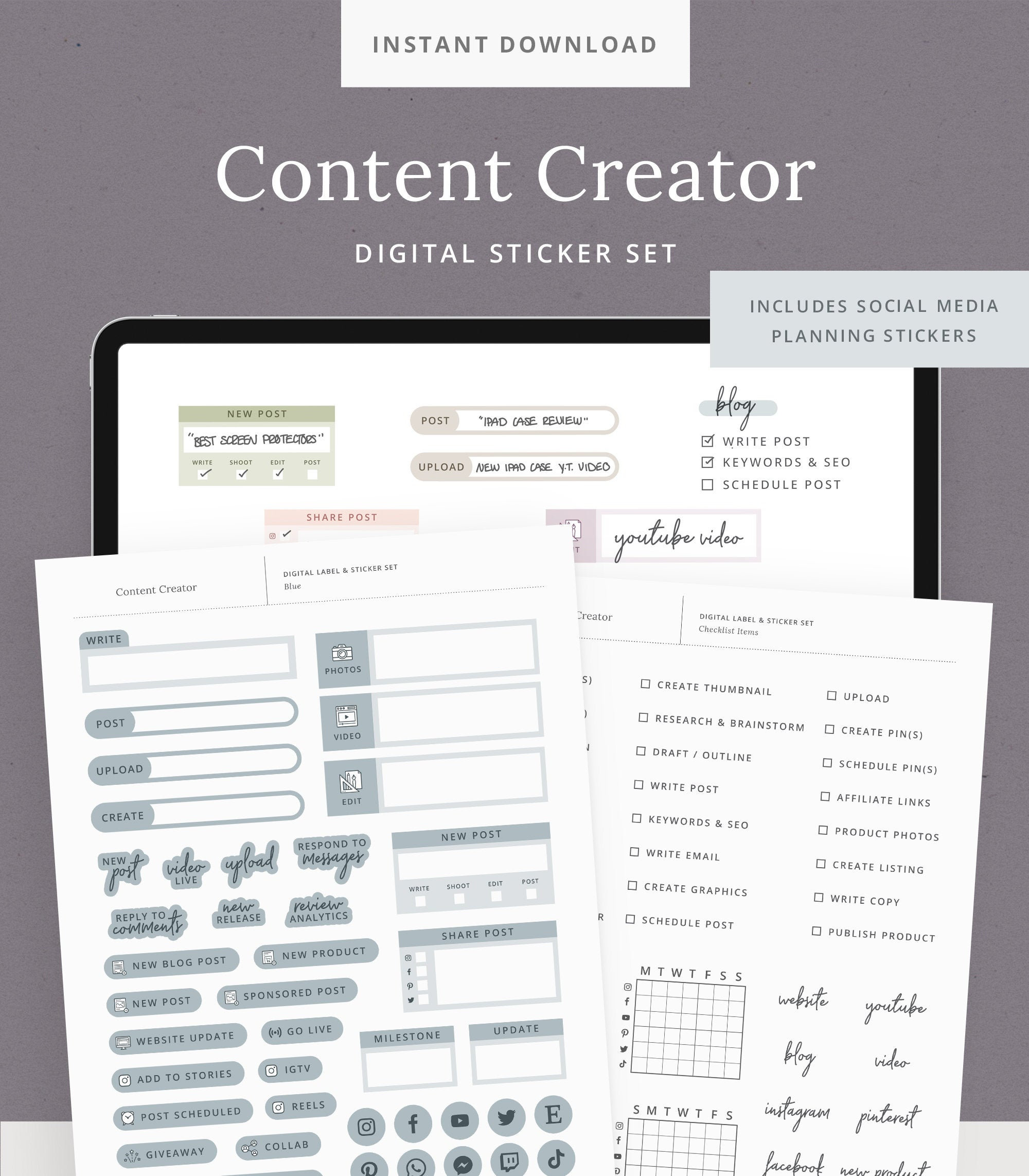 Content Writer Sticker Content Creator Digital Stickers – Social Media Planner, Goodnotes ...