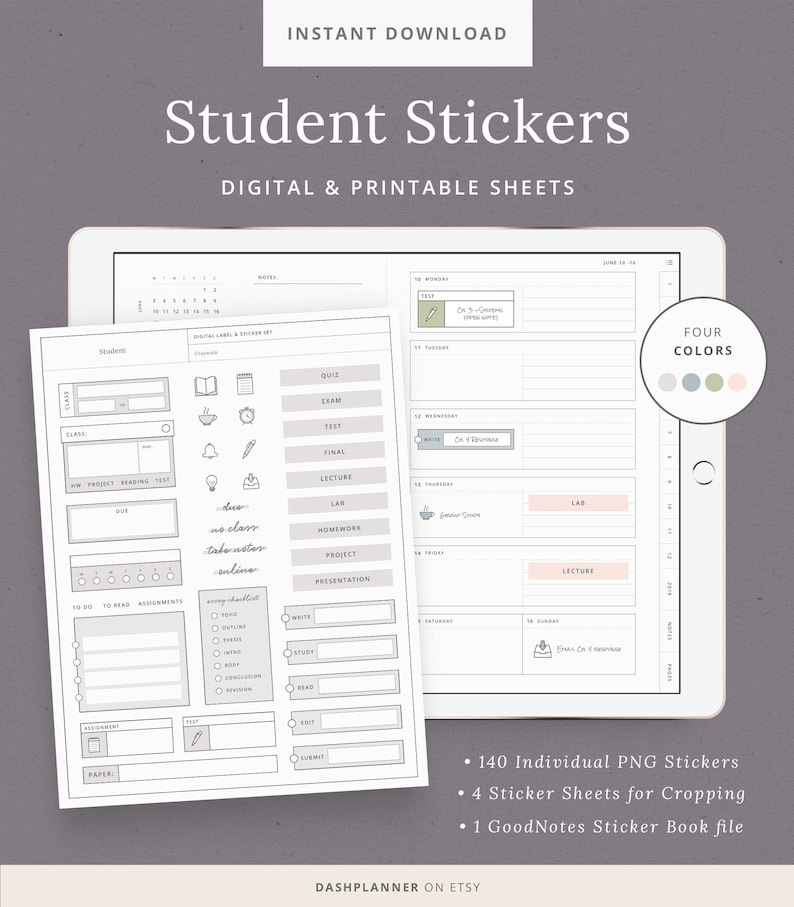 Student Digital Stickers for GoodNotes - iPad Planner Stickers for College Student - Printable Academic Sticker Labels - Instant Download 