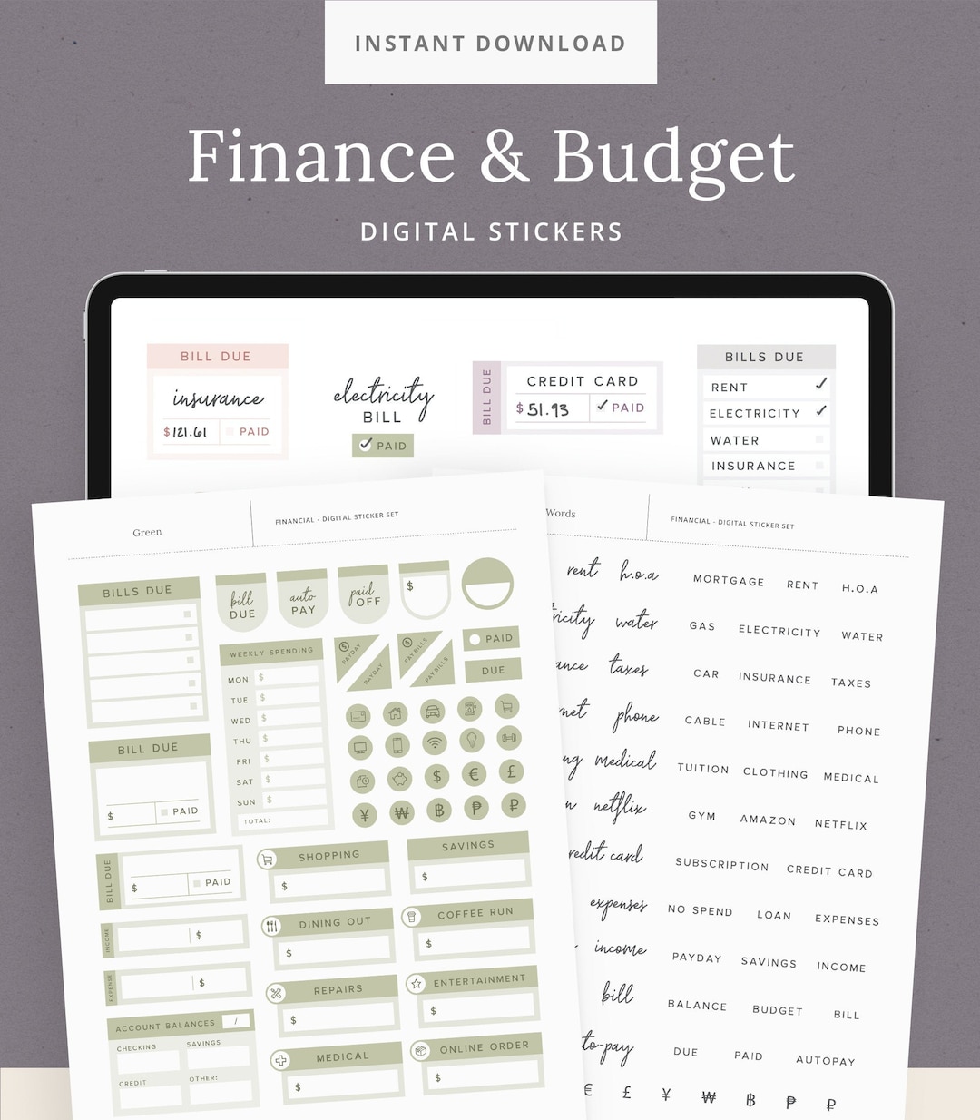 Finance & Budget Digital Sticker Set for Planners - Bill Due, Income ...
