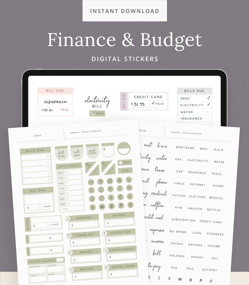 Finance & Budget Digital Sticker Set for Planners - Bill Due, Income + Expense Trackers - Minimalist GoodNotes Sticker Book - DashPlanner 
