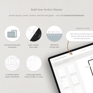 Build your perfect planner — access layouts, covers, stickers, and the user guide in the Download Dashboard.