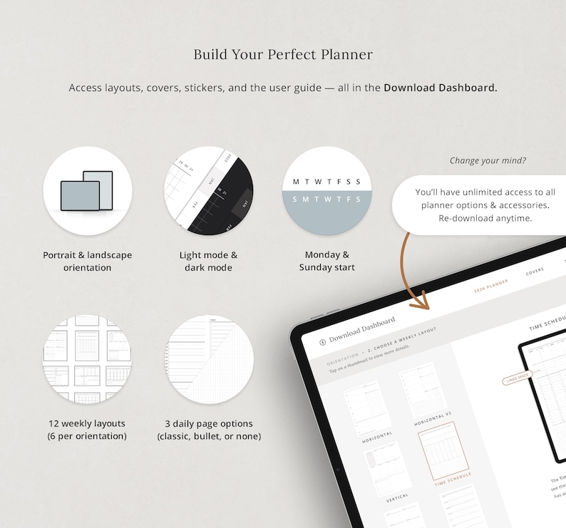 Build your perfect planner — access layouts, covers, stickers, and the user guide in the Download Dashboard.