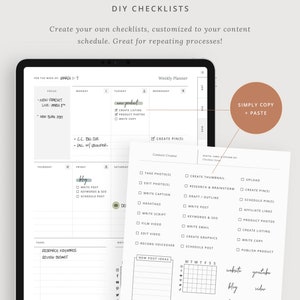May include: A weekly planner with a checklist for content creators. The checklist includes tasks such as taking photos, editing photos, writing captions, creating thumbnails, researching and brainstorming, drafting and outlining, writing posts, scheduling posts, creating pins, and uploading content. The planner also includes a section for new post ideas and a grid for tracking social media posts.
