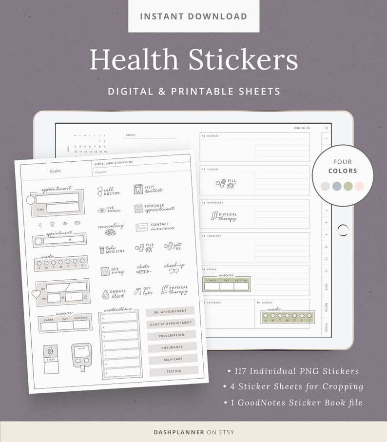 Health Digital Stickers for GoodNotes - iPad Planner Stickers - Printable Medical Sticker Labels - iPad Tablet - Instant Download 