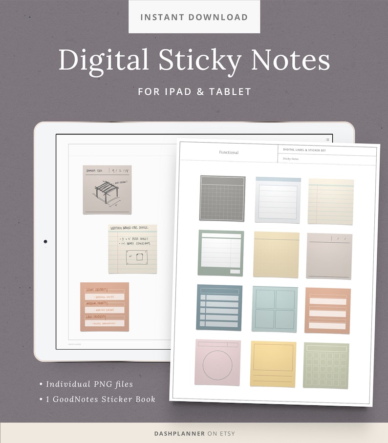 May include: A digital sticker set for iPad and tablet featuring a variety of functional sticky notes. The notes include grid, lined, blank, and calendar styles. The notes are in a variety of colors, including gray, blue, yellow, and pink.