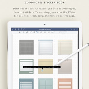 May include: A screenshot of a digital planner app on a tablet, showing a variety of pre-made digital stickers. The stickers are in different colors and styles, and include lined paper, grid paper, and blank note paper. The app's toolbar is visible at the top of the screen, with options for taking screenshots, resizing, coloring, converting, cutting, copying, and deleting stickers.