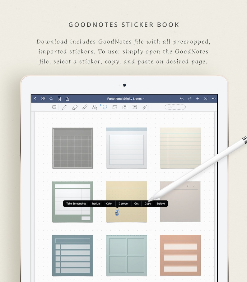 May include: A screenshot of a digital planner app on a tablet, showing a variety of pre-made digital stickers. The stickers are in different colors and styles, and include lined paper, grid paper, and blank note paper. The app's toolbar is visible at the top of the screen, with options for taking screenshots, resizing, coloring, converting, cutting, copying, and deleting stickers.