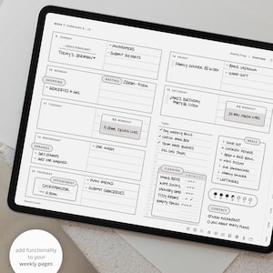 Pu&ograve; includere: Una pagina di un planner settimanale con sfondo grigio e testo nero. La pagina &egrave; divisa in giorni della settimana, ogni giorno ha una sezione per compiti, appuntamenti e note. La pagina include anche una sezione per la preparazione settimanale e una sezione per i pasti. Il testo sulla pagina include la data, il giorno della settimana e vari compiti e appuntamenti.