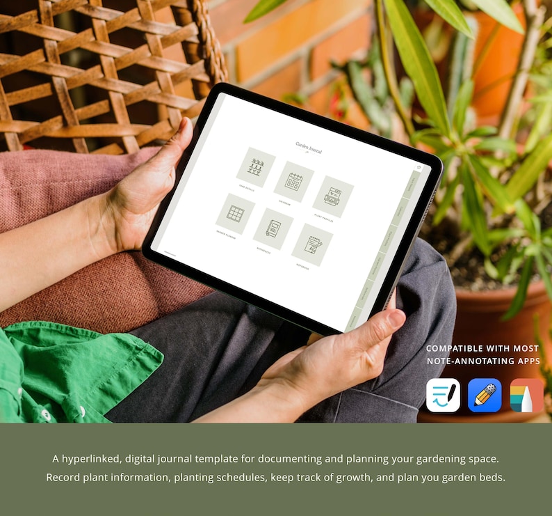 May include: A digital gardening journal template on a tablet screen. The template includes sections for plant information, planting schedules, garden bed plans, and more. The text on the screen reads "Garden Journal".