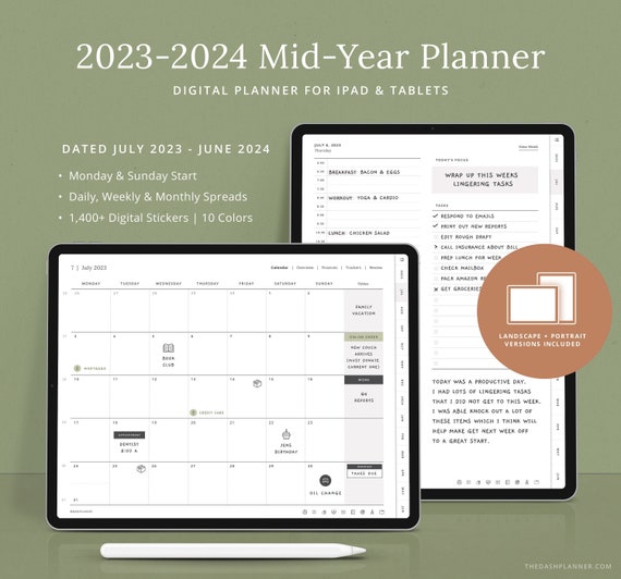 Planner di metà anno 2023-2024 Modello di diario digitale giornaliero  settimanale mensile con collegamento ipertestuale per iPad GoodNotes con  adesivi Dash Planner -  Italia