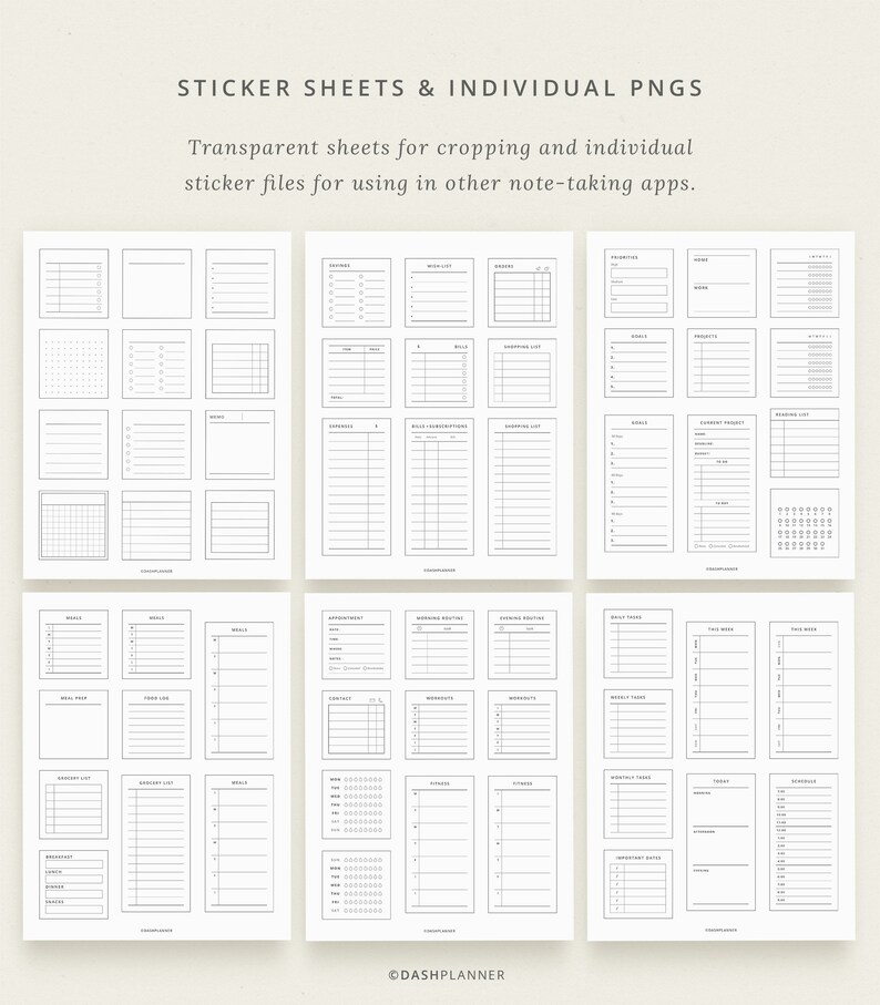 May include: A set of printable planner stickers with various designs, including to-do lists, meal planning, and habit trackers. The stickers are black and white and have a minimalist aesthetic.