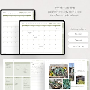 May include: A digital planner with a calendar, task list, and journaling page for each month. The planner is designed for gardening and features a photo of a garden bed with plants and flowers.